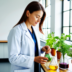 A professional female entrepreneur, fully clothed in a modest, smart lab coat over professional attire, standing in a brightly lit, clean laboratory. She is carefully examining a beaker containing natural plant extracts, with fresh, local botanical ingredients visible on a nearby clean wooden table. The scene emphasizes ethical sourcing and scientific precision. Professional photography, natural soft lighting, vibrant colors. safe for work, appropriate content, fully clothed, professional, perfect anatomy, correct proportions, natural pose, well-formed hands, proper finger count, natural body proportions.