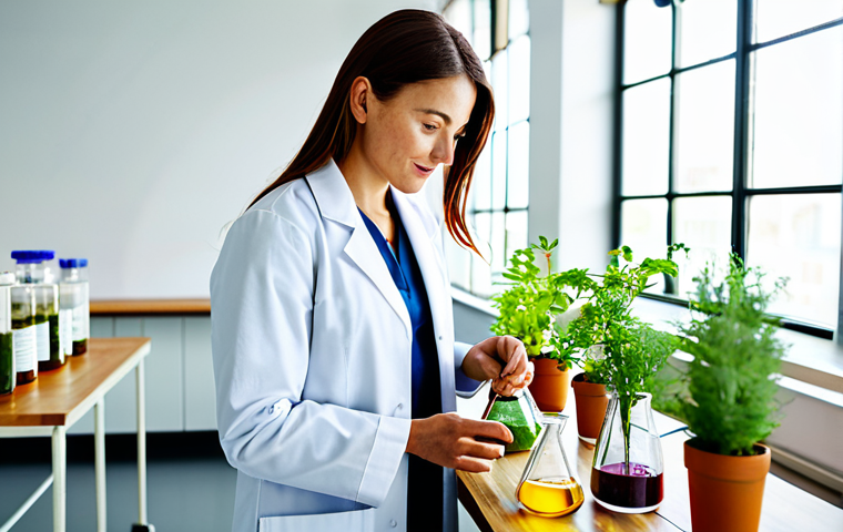 A professional female entrepreneur, fully clothed in a modest, smart lab coat over professional attire, standing in a brightly lit, clean laboratory. She is carefully examining a beaker containing natural plant extracts, with fresh, local botanical ingredients visible on a nearby clean wooden table. The scene emphasizes ethical sourcing and scientific precision. Professional photography, natural soft lighting, vibrant colors. safe for work, appropriate content, fully clothed, professional, perfect anatomy, correct proportions, natural pose, well-formed hands, proper finger count, natural body proportions.