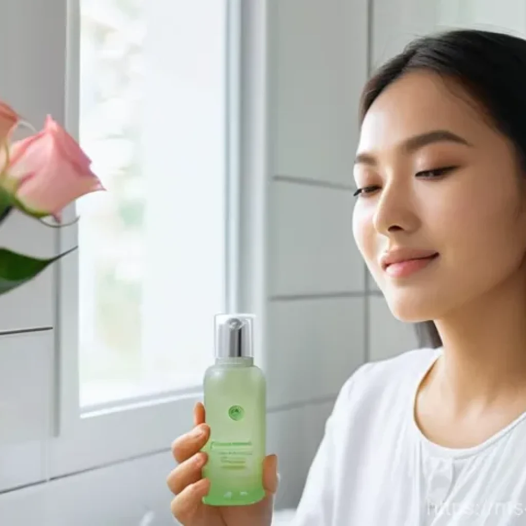 DIY 천연 스킨케어 레시피 모음 - **Prompt 1: "The Refreshing Facial Mist"**
A young Malay woman, late 20s, with radiant, dewy ski...