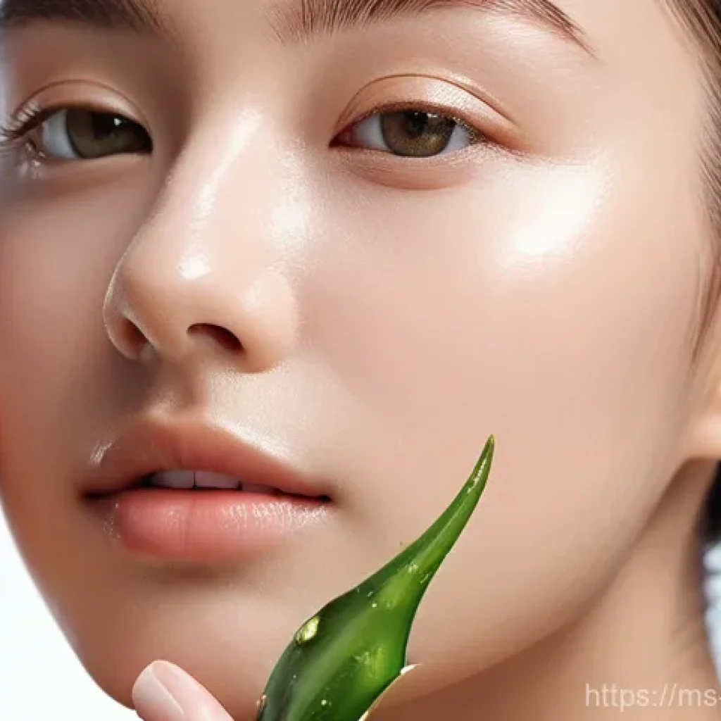 천연 스킨케어로 염증 완화하기 - **Prompt 1: Soothing Aloe Vera Application**
A close-up shot focusing on the delicate hand of a ...