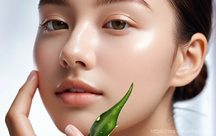 천연 스킨케어로 염증 완화하기 - **Prompt 1: Soothing Aloe Vera Application**
    A close-up shot focusing on the delicate hand of a ...