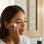 Home 20 천연 스킨케어를 위한 습관 만들기 - **Prompt:** A close-up shot of a young woman with a serene expression, gently touching her cheek and...