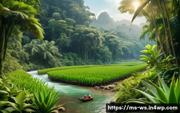 천연 스킨케어의 윤리적 소비 - A vibrant, sunlit Malaysian rainforest scene highlighting sustainable harvesting of natural skincare...