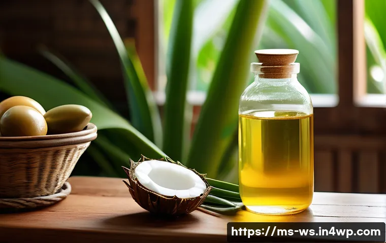 겨울철 보습을 위한 천연 스킨케어 - A cozy traditional Malaysian kitchen scene with natural skincare ingredients displayed on a wooden t...