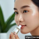 Home 16 천연 스킨케어의 혁신적인 기술 - A close-up, hyper-realistic image of a young Southeast Asian woman applying a lightweight nano-techn...