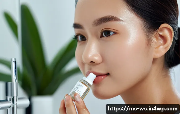 천연 스킨케어의 혁신적인 기술 - A close-up, hyper-realistic image of a young Southeast Asian woman applying a lightweight nano-techn...