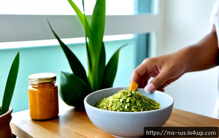 Home 17 천연 스킨케어를 위한 허브 활용법 - Photorealistic natural skincare preparation in a bright Malaysian home kitchen, fresh pandan leaves,...