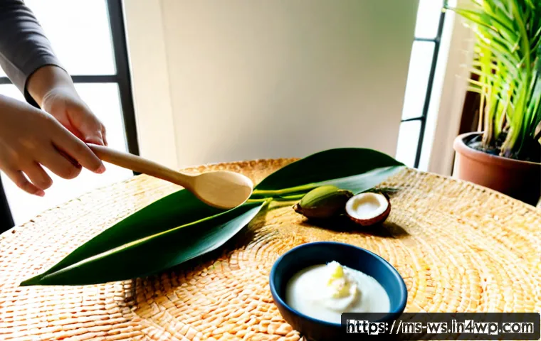 Home 17 천연 스킨케어와 배합 원리 - Photorealistic Malaysian tropical natural skincare workspace, a Malay woman’s hands in modest long s...