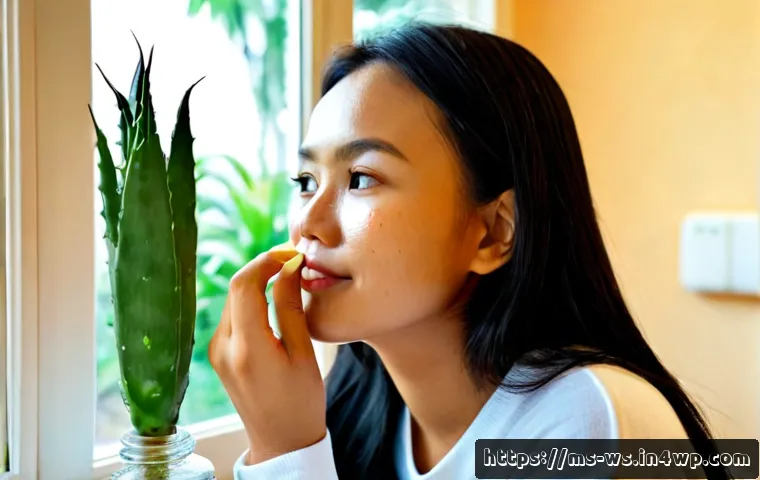 Home 17 천연 스킨케어로 문제성 피부 관리하는 방법 - Photorealistic close-up of a Malay woman with mild acne-prone skin calmly applying a small amount of...